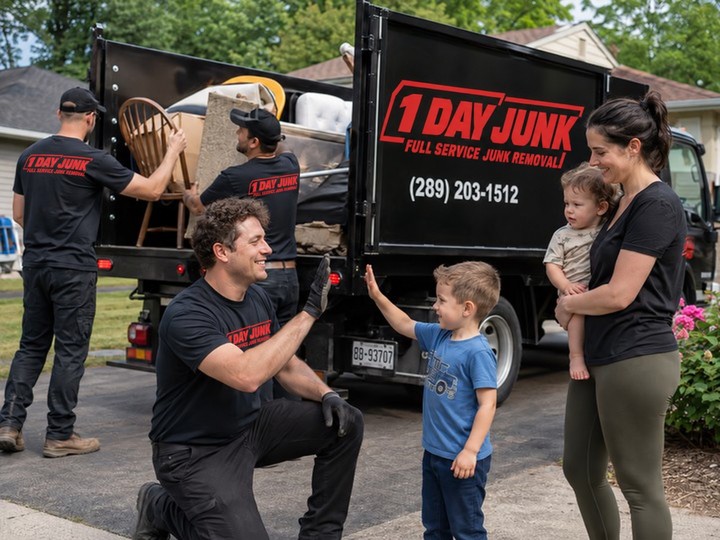 1 Day Junk Removal Welland crew member high-fiving a young boy while the family watches the truck being loaded