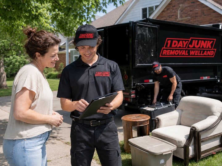 1 Day Junk Removal Welland crew member going over the pickup list with a customer while the truck is loaded