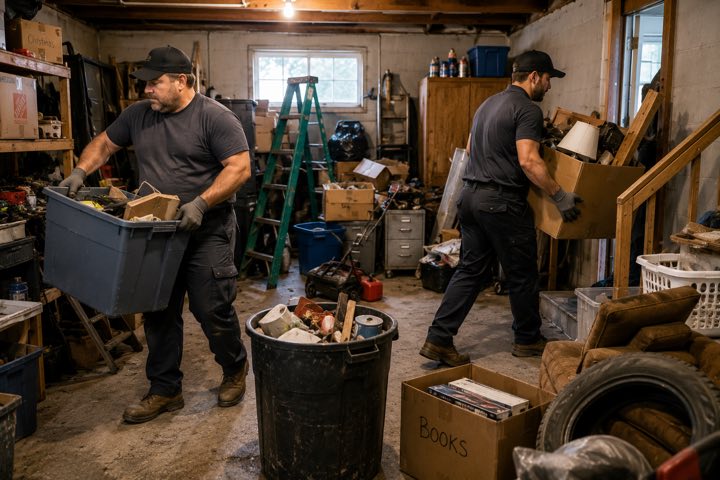 Crew clearing bins, boxes, and stored clutter during a garage cleanout