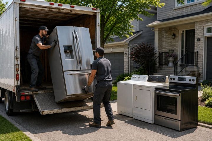 Crew loading a refrigerator into a truck beside a washer, dryer, and stove
