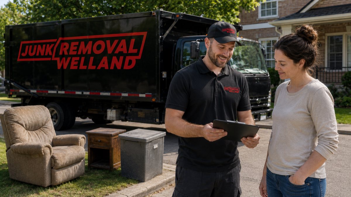 Junk Removal Welland crew member reviewing a pickup with a customer beside the branded truck