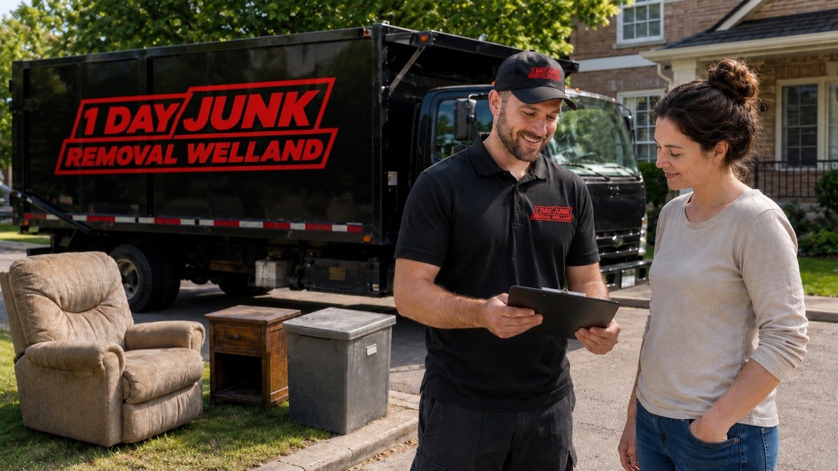 1 Day Junk Removal Welland crew member reviewing a pickup with a customer beside the branded truck
