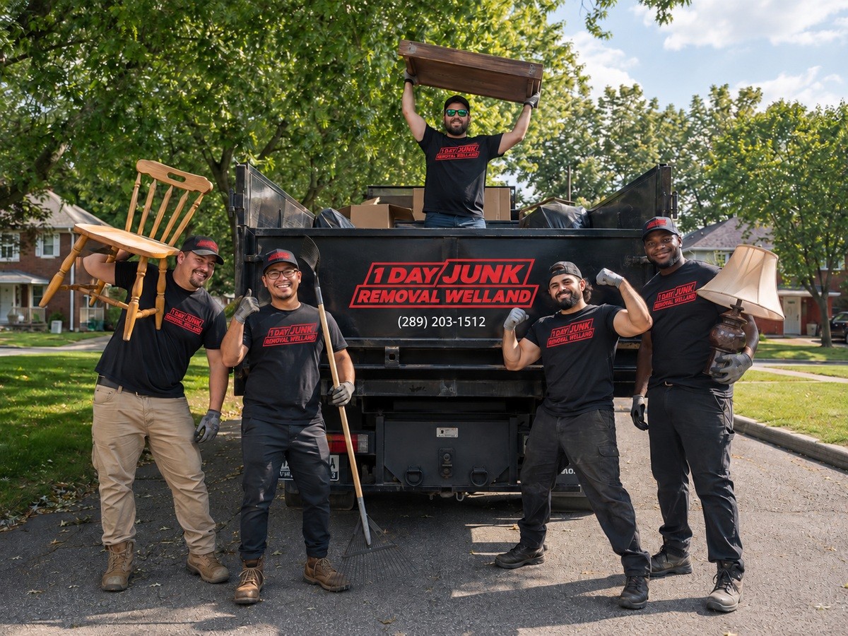 The 1 Day Junk Removal Welland crew posing with the truck, holding a chair, rake, table, and lamp